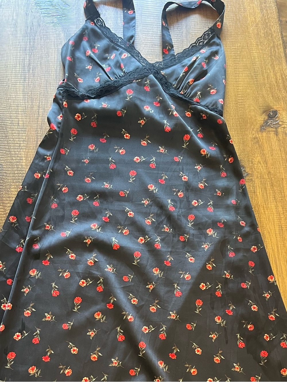 Altar’d State Black Satin Slip Dress with Red Rose Print size XS